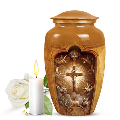 Brown urn with religious design, white rose, and candle on a white background