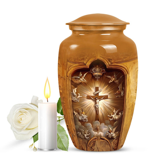 Brown urn with religious design, white rose, and candle on a white background