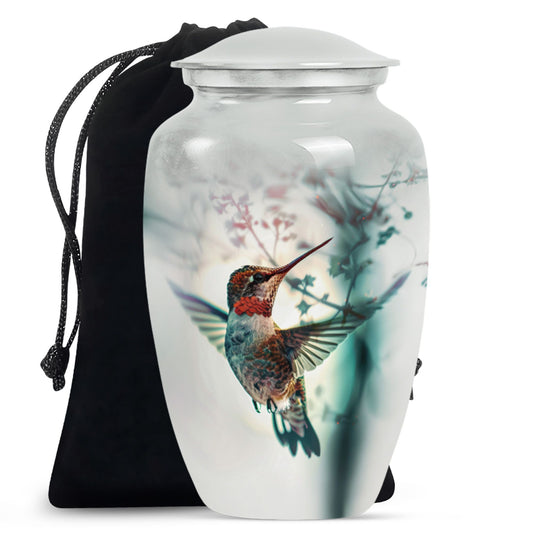 Peaceful Hummingbird Memorial Urn - White Aluminium Funeral Urn For Loved Ones
