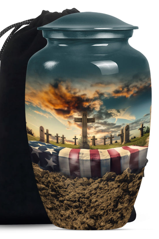 Cremation urn with a design of a cross, American flag, and sunset over a cemetery.