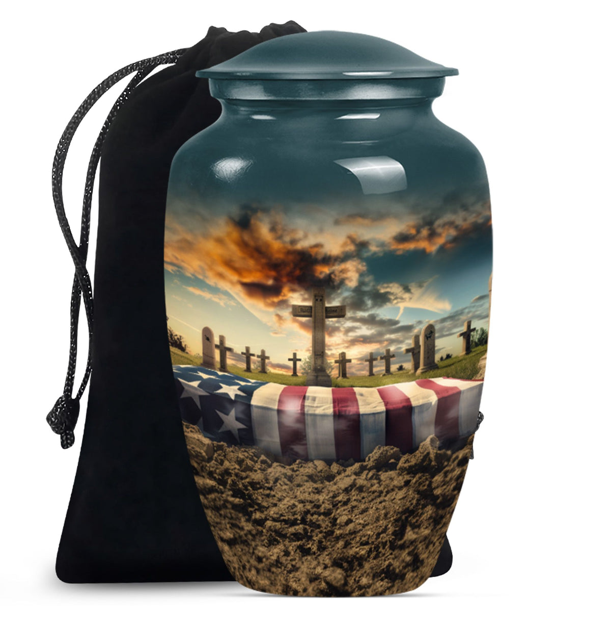 Cremation urn with a design of a cross, American flag, and sunset over a cemetery.