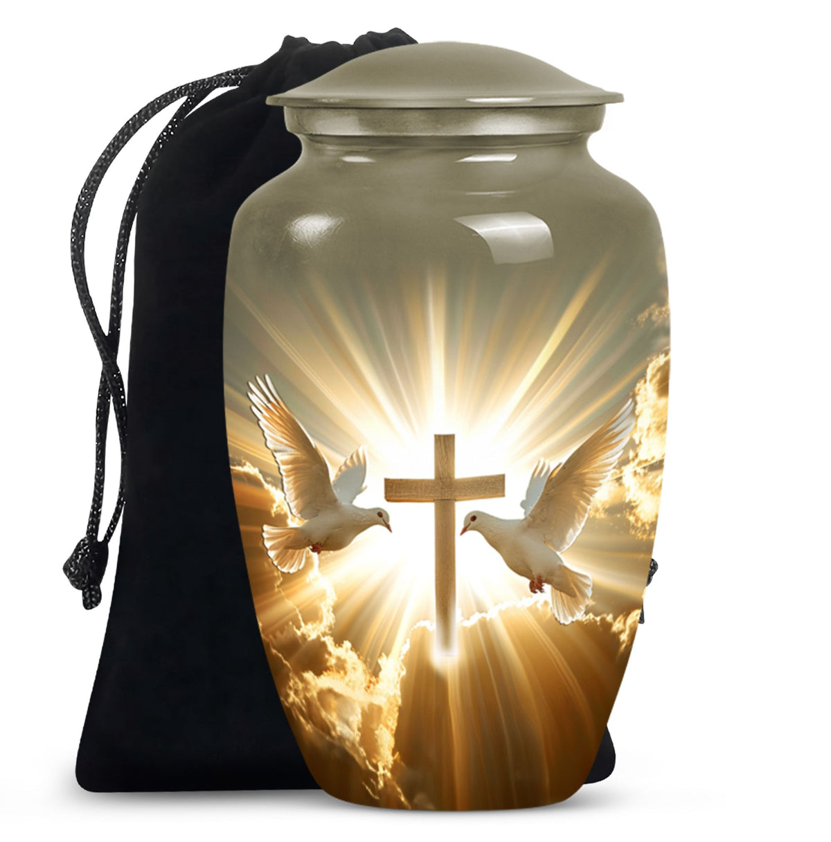Cremation urn with a cross and two white doves design, accompanied by a black carrying bag.
