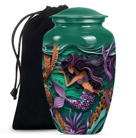 Artistic Mermaid Funeral Urn - Green Aluminium Memorial Urn For Women