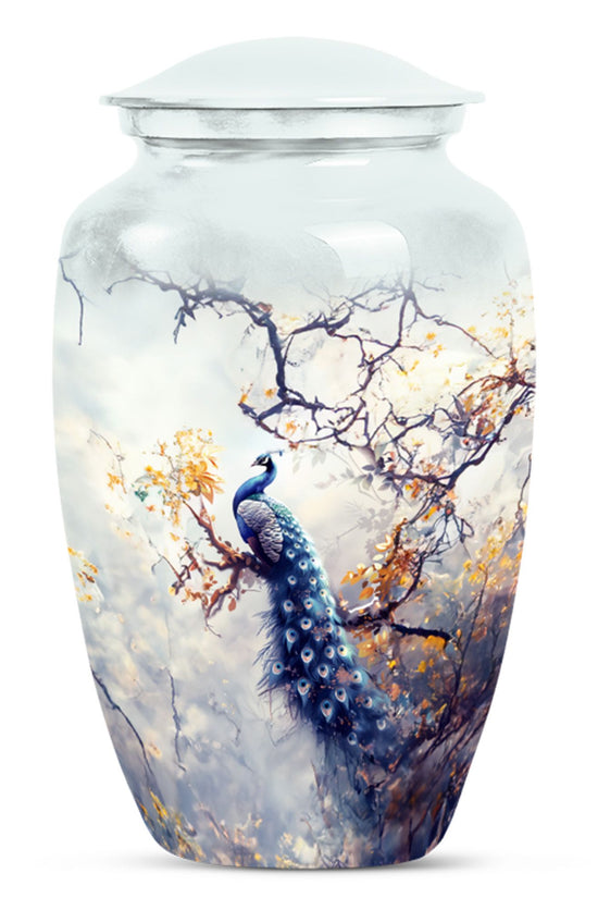 Ceramic urn with a peacock design on a white background