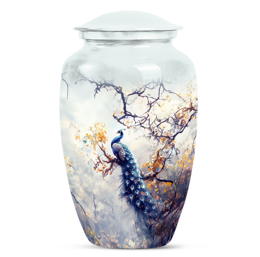 Ceramic urn with a peacock design on a white background