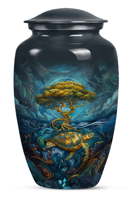 Sea Turtle Tree Cremation Urn - Blue Aluminium Memorial Urn For Loved Ones