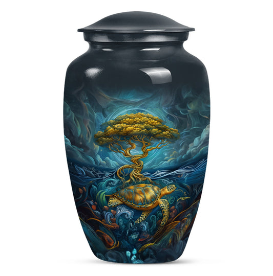 Sea Turtle Tree Cremation Urn - Blue Aluminium Memorial Urn For Loved Ones