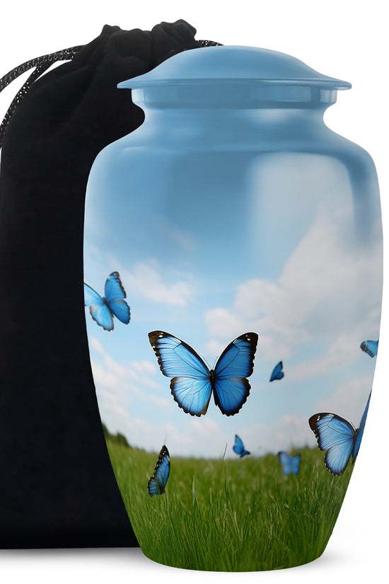 Blue Butterflies Memorial Urn - Large Decorative Urn For Human Ashes