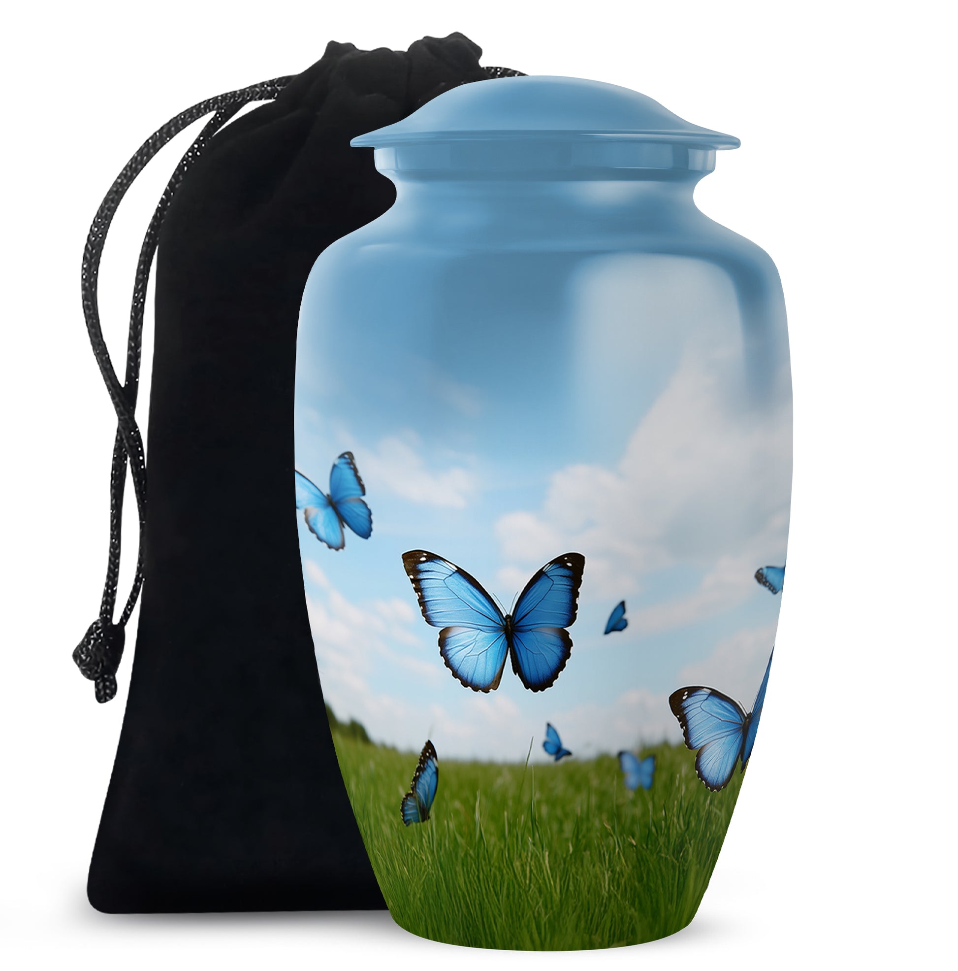 Blue Butterflies Memorial Urn - Large Decorative Urn For Human Ashes