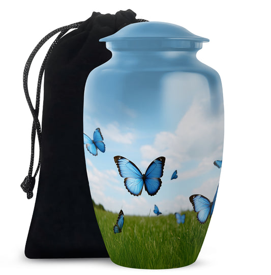 Blue Butterflies Memorial Urn - Large Decorative Urn For Human Ashes