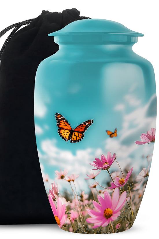 Monarch Butterflt Urn For Mom - Blue Sky Floral Urn For Women