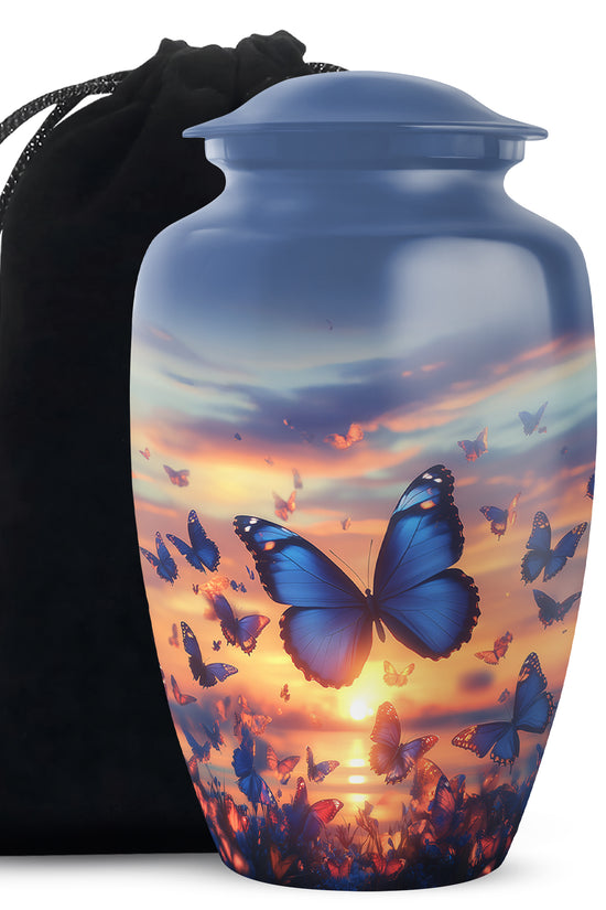 Blue Butterflies Memorial Urn - Sunset Cremation Urn For Women