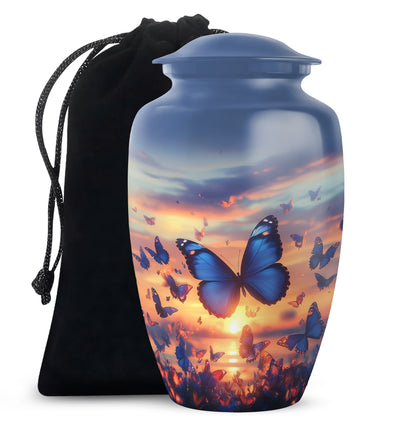Blue Butterflies Memorial Urn - Sunset Cremation Urn For Women