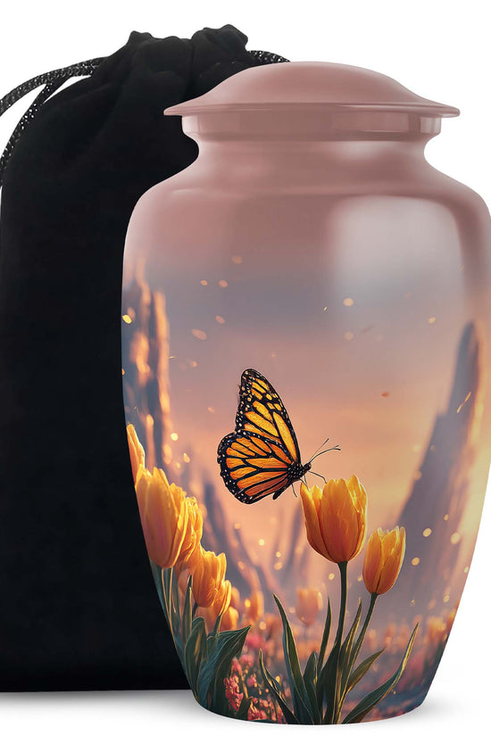 Orange Monarch Butterfly Ashes Urn - Yellow Tulip Cremation Urn