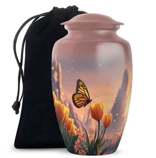 Orange Monarch Butterfly Ashes Urn - Yellow Tulip Cremation Urn