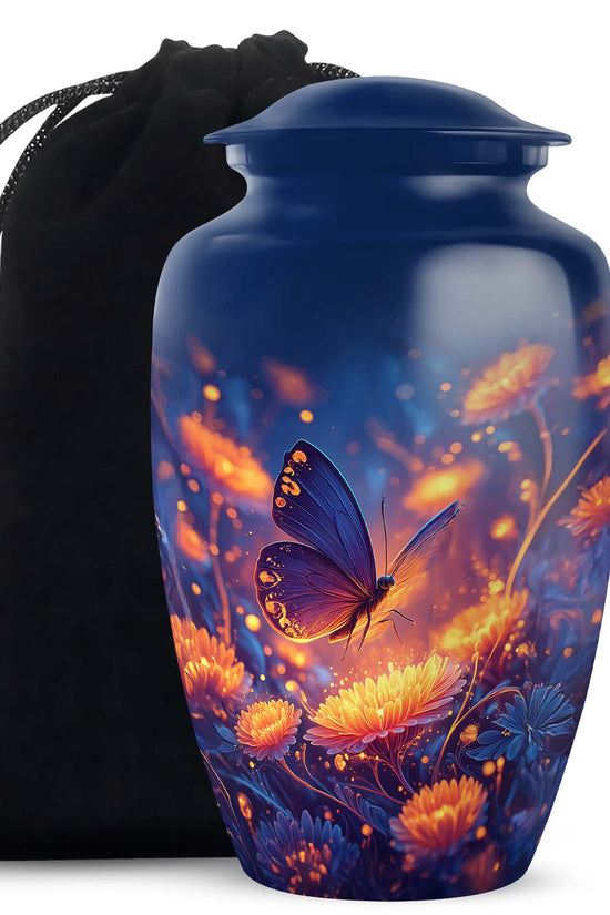 Glowing Butterfly Cremation Urn for Ashes - Blue Floral Memorial Urn