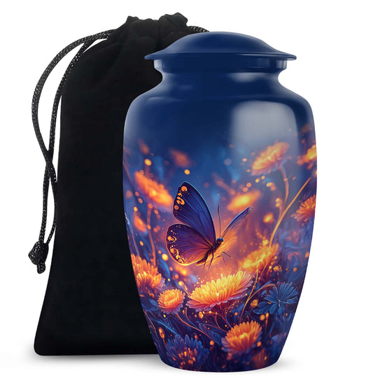 Glowing Butterfly Cremation Urn for Ashes - Blue Floral Memorial Urn