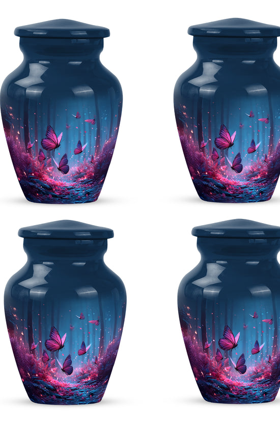 Cobalt Blue Butterfly Cremation Urn side profile showing urn shape - elegant classic butterfly relief with fine detailing - 10 inch aluminum urn for cremated remains