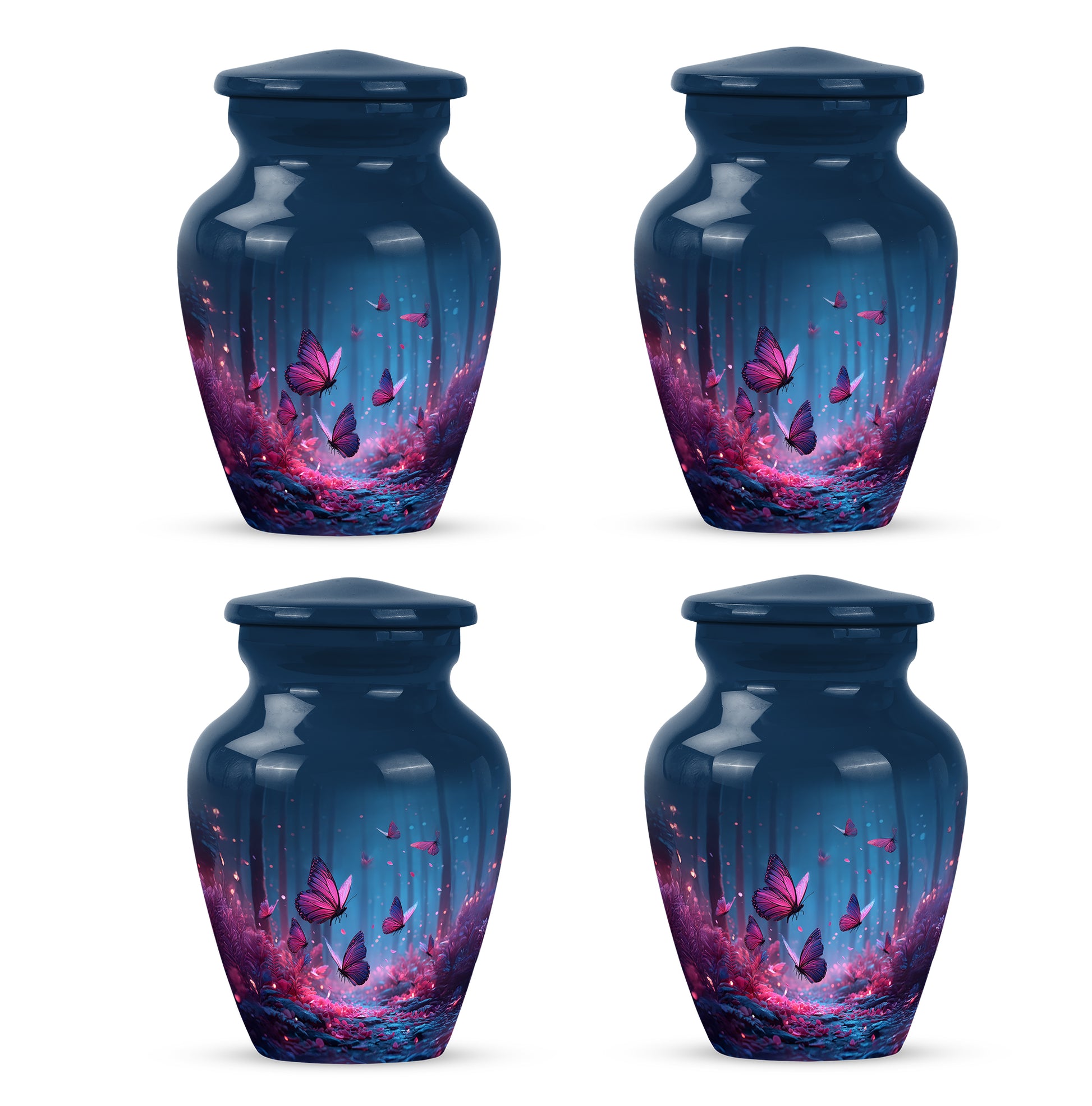 Cobalt Blue Butterfly Cremation Urn side profile showing urn shape - elegant classic butterfly relief with fine detailing - 10 inch aluminum urn for cremated remains