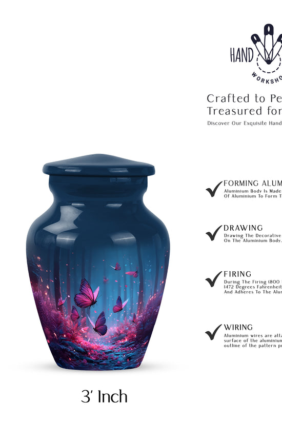 Celestial Blue Butterfly Cremation Urn close-up of engraving and surface detail - classic sculpted butterfly pattern on smooth aluminum - mini keepsake memorial for portion of cremation ashes