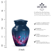 Celestial Blue Butterfly Cremation Urn close-up of engraving and surface detail - classic sculpted butterfly pattern on smooth aluminum - mini keepsake memorial for portion of cremation ashes