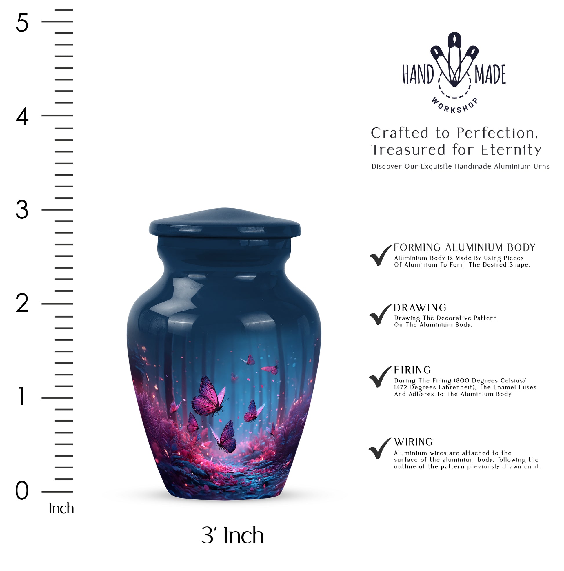 Celestial Blue Butterfly Cremation Urn close-up of engraving and surface detail - classic sculpted butterfly pattern on smooth aluminum - mini keepsake memorial for portion of cremation ashes