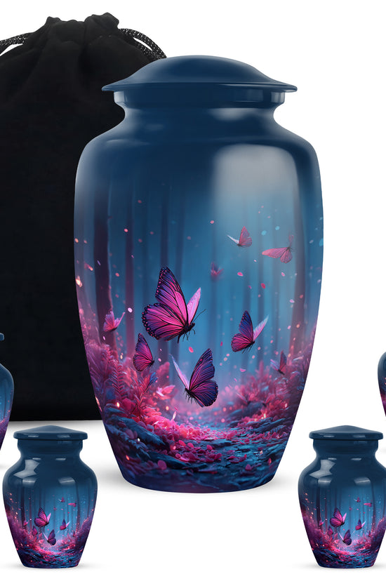 Indigo Butterfly Cremation Urn top-down view of secure threaded lid - classic sculpted butterfly pattern on smooth aluminum - memorial set with one large and four small urns