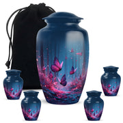 Indigo Butterfly Cremation Urn top-down view of secure threaded lid - classic sculpted butterfly pattern on smooth aluminum - memorial set with one large and four small urns