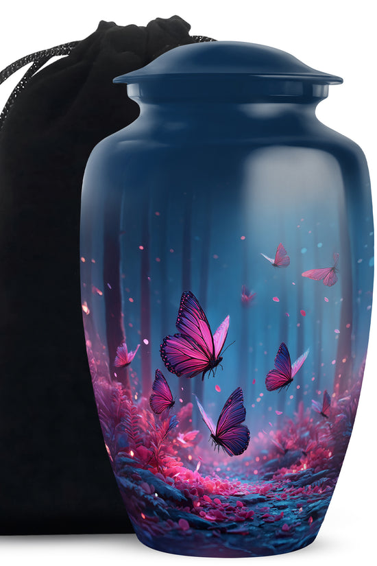 Celestial Blue Butterfly Cremation Urn angled view of lid and engraved motif - classic sculpted butterfly pattern on smooth aluminum - full-size 10 inch 200 cubic inch adult cremation urn