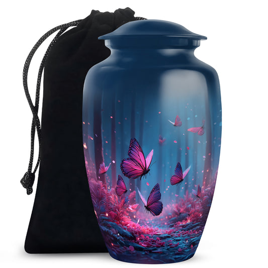 Celestial Blue Butterfly Cremation Urn angled view of lid and engraved motif - classic sculpted butterfly pattern on smooth aluminum - full-size 10 inch 200 cubic inch adult cremation urn