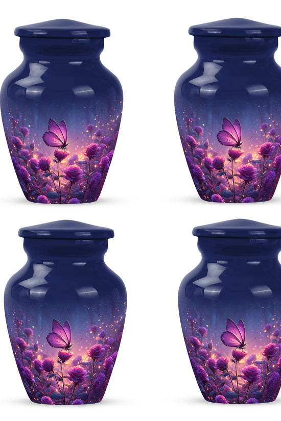 Steel Blue Butterfly Cremation Urn side profile showing urn shape - traditional butterfly engraving with hand-polished finish - 10 inch aluminum urn for cremated remains