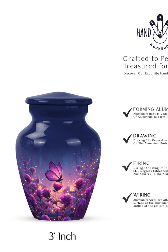 Bright Blue Butterfly Cremation Urn close-up of engraving and surface detail - elegant classic butterfly relief with fine detailing - mini keepsake memorial for portion of cremation ashes