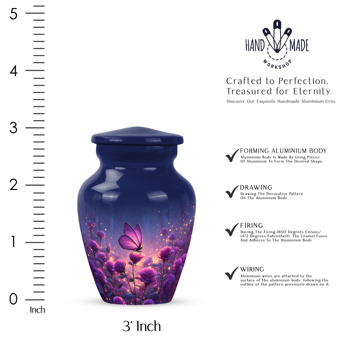 Bright Blue Butterfly Cremation Urn close-up of engraving and surface detail - elegant classic butterfly relief with fine detailing - mini keepsake memorial for portion of cremation ashes