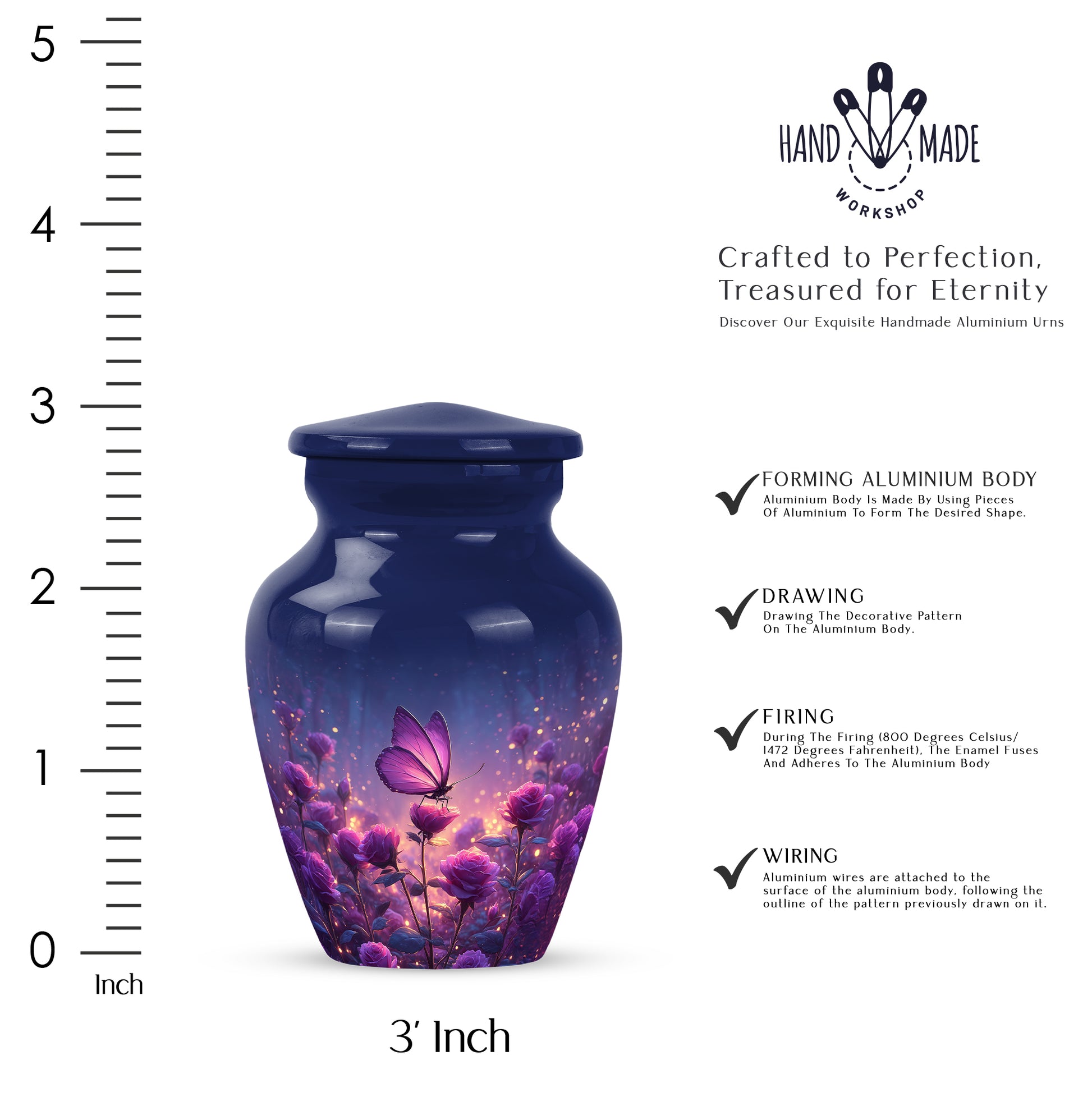 Bright Blue Butterfly Cremation Urn close-up of engraving and surface detail - elegant classic butterfly relief with fine detailing - mini keepsake memorial for portion of cremation ashes