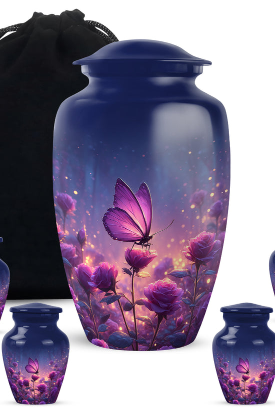 Misty Blue Butterfly Cremation Urn top-down view of secure threaded lid - classic sculpted butterfly pattern on smooth aluminum - memorial set with one large and four small urns
