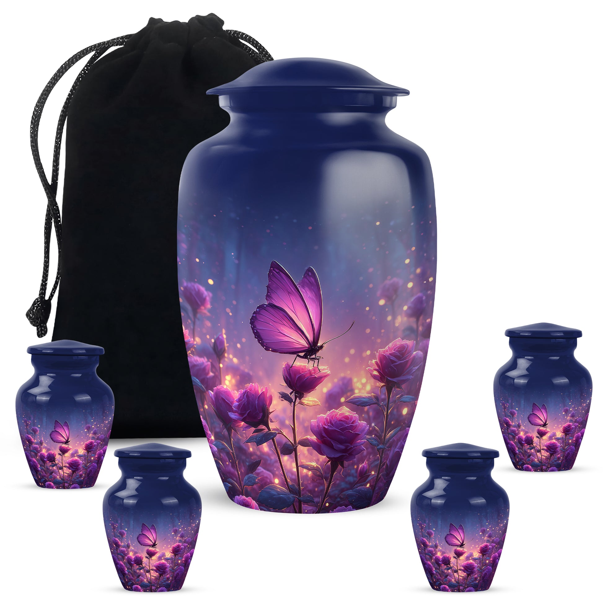 Misty Blue Butterfly Cremation Urn top-down view of secure threaded lid - classic sculpted butterfly pattern on smooth aluminum - memorial set with one large and four small urns
