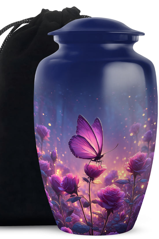 Celestial Blue Butterfly Cremation Urn angled view of lid and engraved motif - timeless butterfly motif etched into premium metal - full-size 10 inch 200 cubic inch adult cremation urn