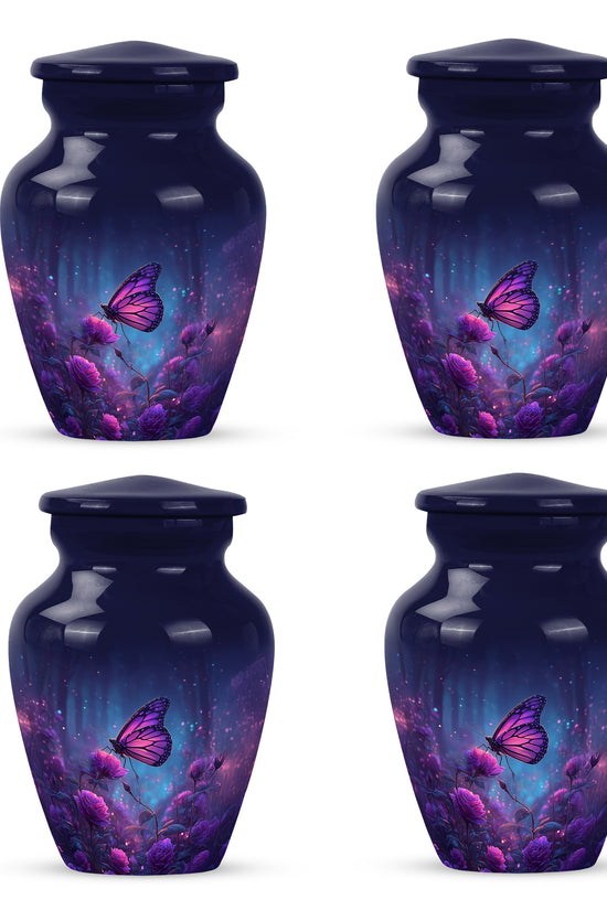 Celestial Blue Butterfly Cremation Urn side profile showing urn shape - classic sculpted butterfly pattern on smooth aluminum - 10 inch aluminum urn for cremated remains