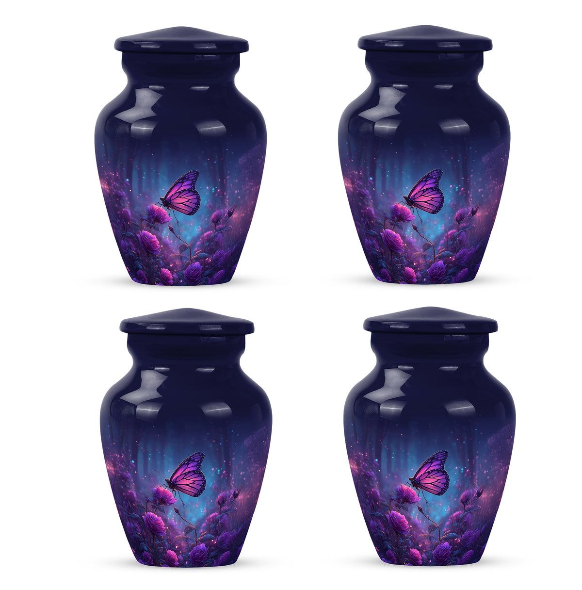 Celestial Blue Butterfly Cremation Urn side profile showing urn shape - classic sculpted butterfly pattern on smooth aluminum - 10 inch aluminum urn for cremated remains