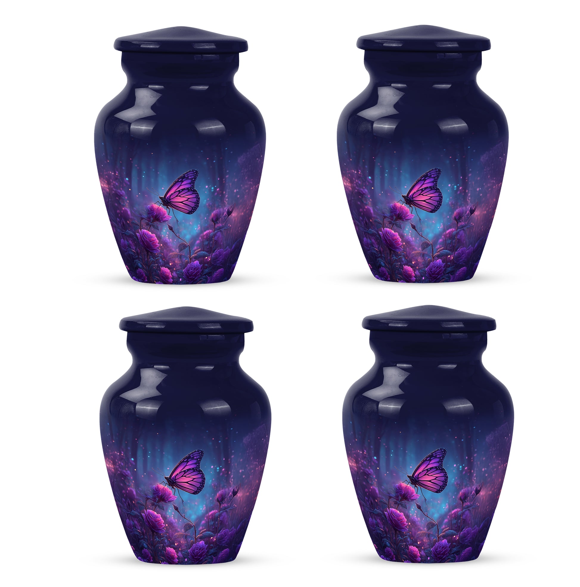 Celestial Blue Butterfly Cremation Urn side profile showing urn shape - classic sculpted butterfly pattern on smooth aluminum - 10 inch aluminum urn for cremated remains