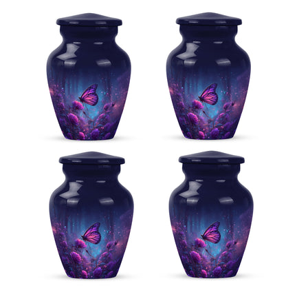 Celestial Blue Butterfly Cremation Urn side profile showing urn shape - classic sculpted butterfly pattern on smooth aluminum - 10 inch aluminum urn for cremated remains