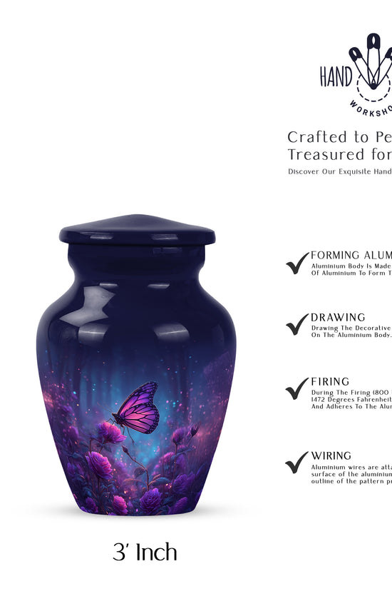 Bright Blue Butterfly Cremation Urn close-up of engraving and surface detail - traditional butterfly engraving with hand-polished finish - mini keepsake memorial for portion of cremation ashes