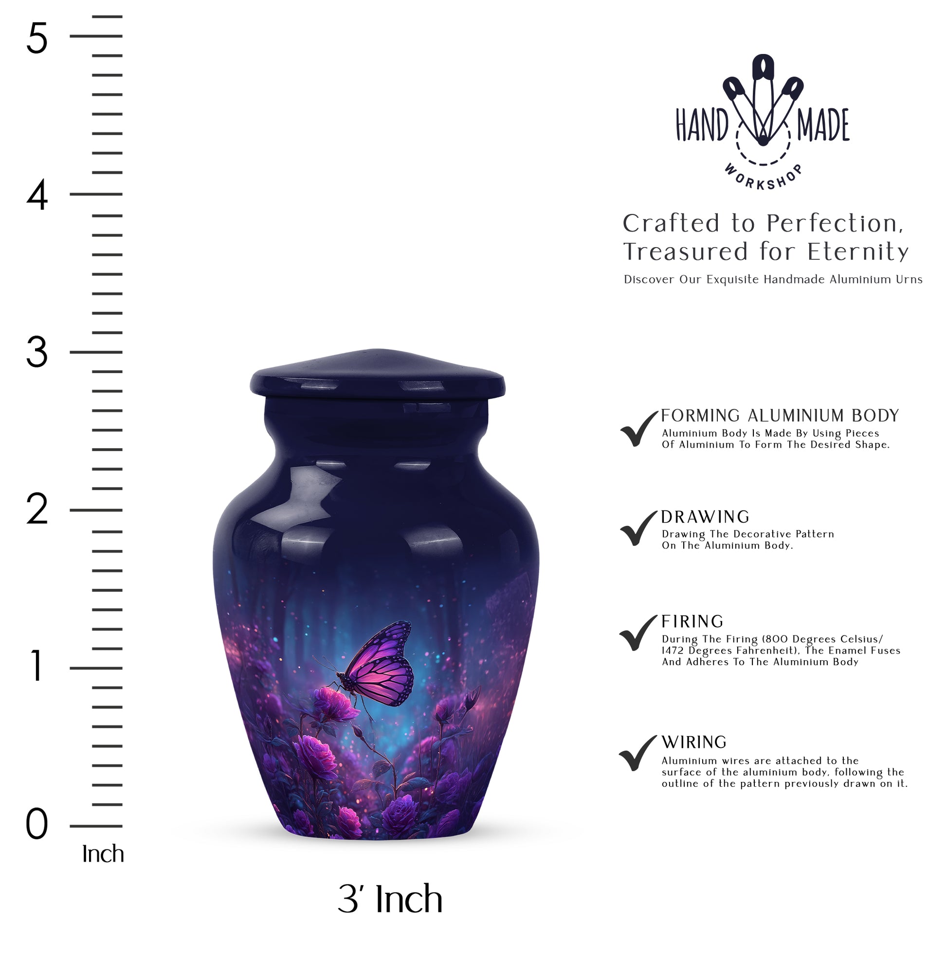 Bright Blue Butterfly Cremation Urn close-up of engraving and surface detail - traditional butterfly engraving with hand-polished finish - mini keepsake memorial for portion of cremation ashes