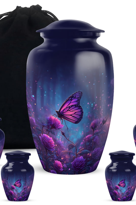 Sky Blue Butterfly Cremation Urn top-down view of secure threaded lid - timeless butterfly motif etched into premium metal - memorial set with one large and four small urns