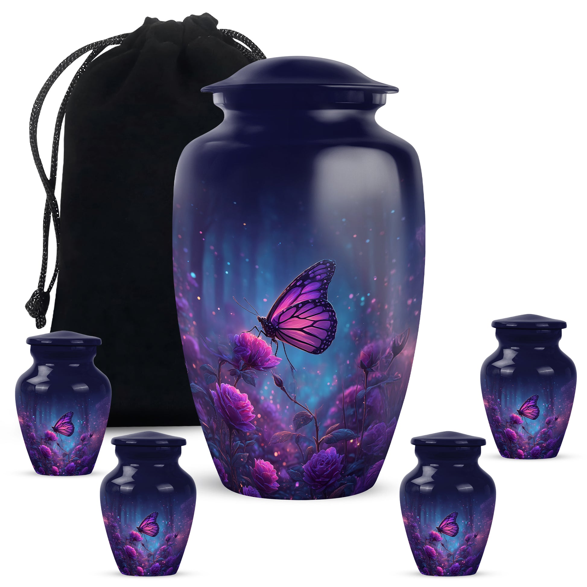 Sky Blue Butterfly Cremation Urn top-down view of secure threaded lid - timeless butterfly motif etched into premium metal - memorial set with one large and four small urns