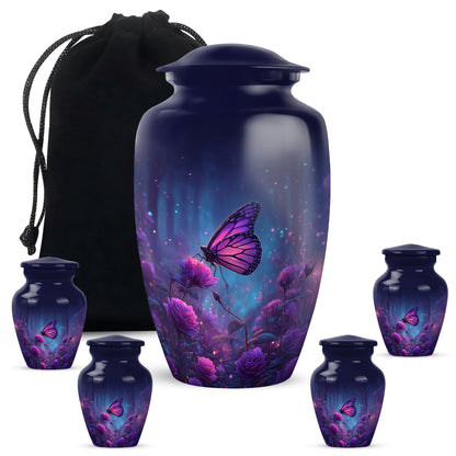 Sky Blue Butterfly Cremation Urn top-down view of secure threaded lid - timeless butterfly motif etched into premium metal - memorial set with one large and four small urns