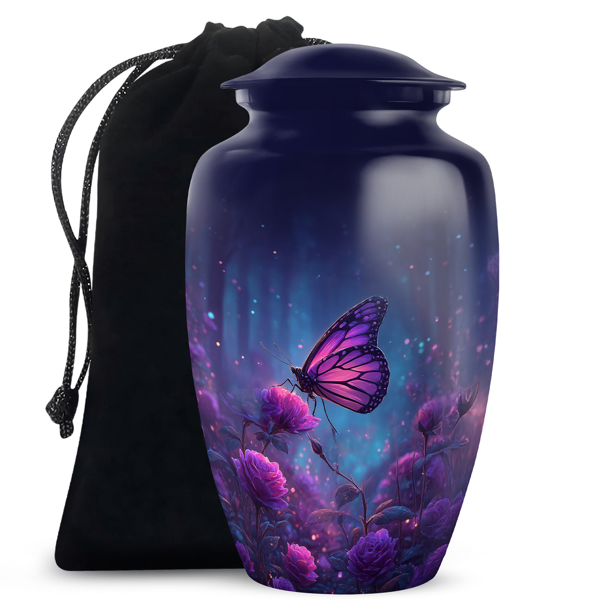 Vivid Blue Butterfly Cremation Urn angled view of lid and engraved motif - elegant classic butterfly relief with fine detailing - full-size 10 inch 200 cubic inch adult cremation urn