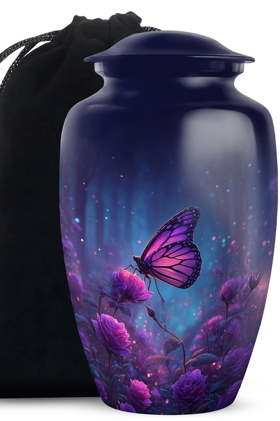 Vivid Blue Butterfly Cremation Urn angled view of lid and engraved motif - elegant classic butterfly relief with fine detailing - full-size 10 inch 200 cubic inch adult cremation urn