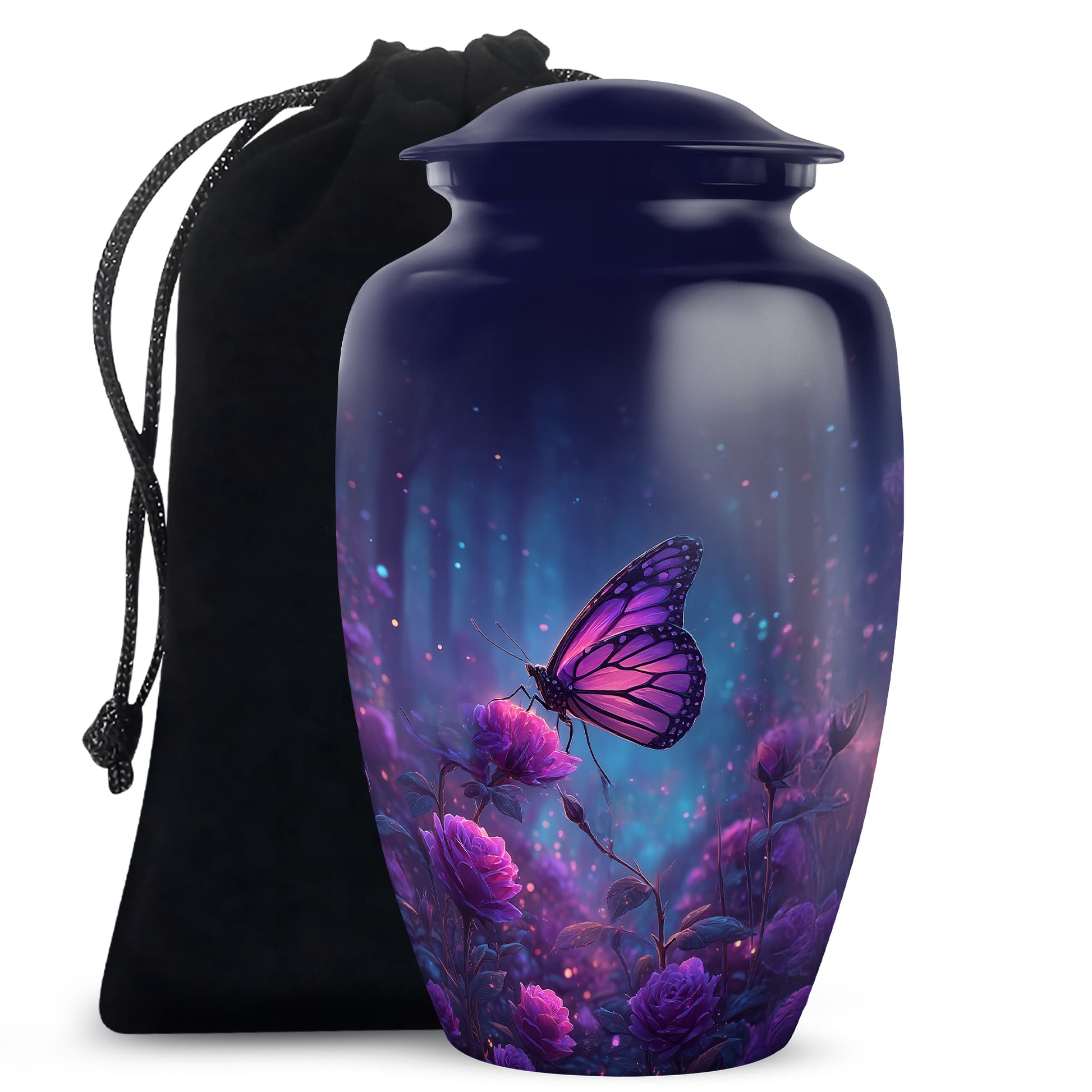 Vivid Blue Butterfly Cremation Urn angled view of lid and engraved motif - elegant classic butterfly relief with fine detailing - full-size 10 inch 200 cubic inch adult cremation urn
