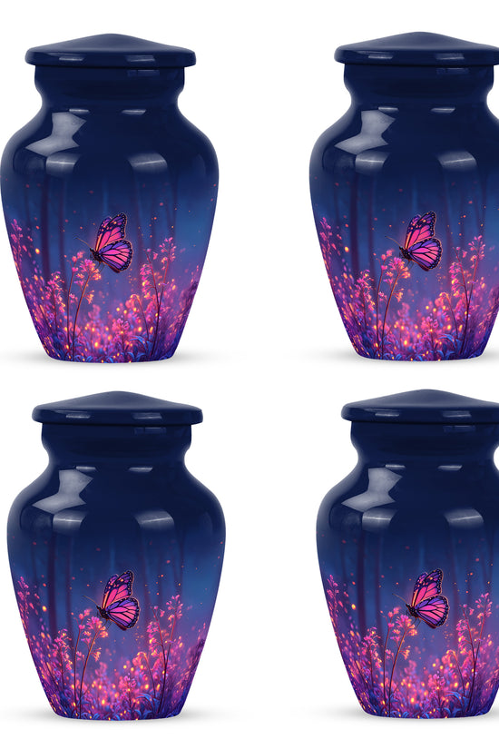 Indigo Butterfly Cremation Urn side profile showing urn shape - classic sculpted butterfly pattern on smooth aluminum - 10 inch aluminum urn for cremated remains